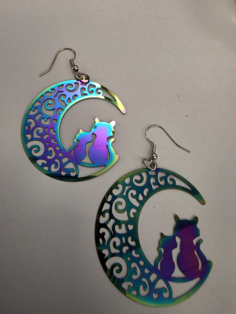 Fashion Jewelry Iridescent Rainbow Cat Crescent Moon Earrings